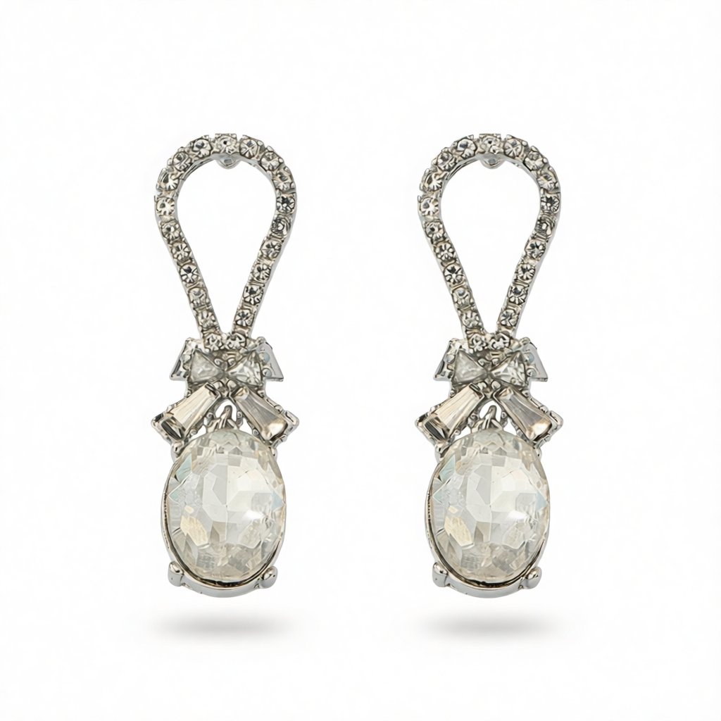 Crystal and Cubic Zirconia Silver-Plated Bow Oval Dangle Earring, silver drop earrings for women, side view
