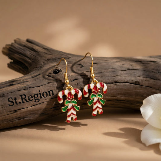 Red Enamel and 18K Gold-Plated Candy Cane Drop Earrings, gold drop earrings for women, vintage-inspired design, front view