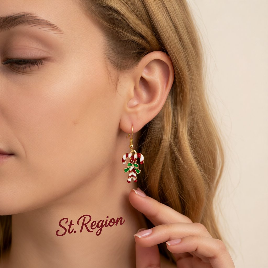 Red Enamel and 18K Gold-Plated Candy Cane Drop Earrings, gold drop earrings for women, vintage-inspired design, styled look