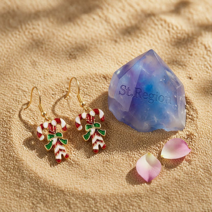 Red Enamel and 18K Gold-Plated Candy Cane Drop Earrings, gold drop earrings for women, detail close-up