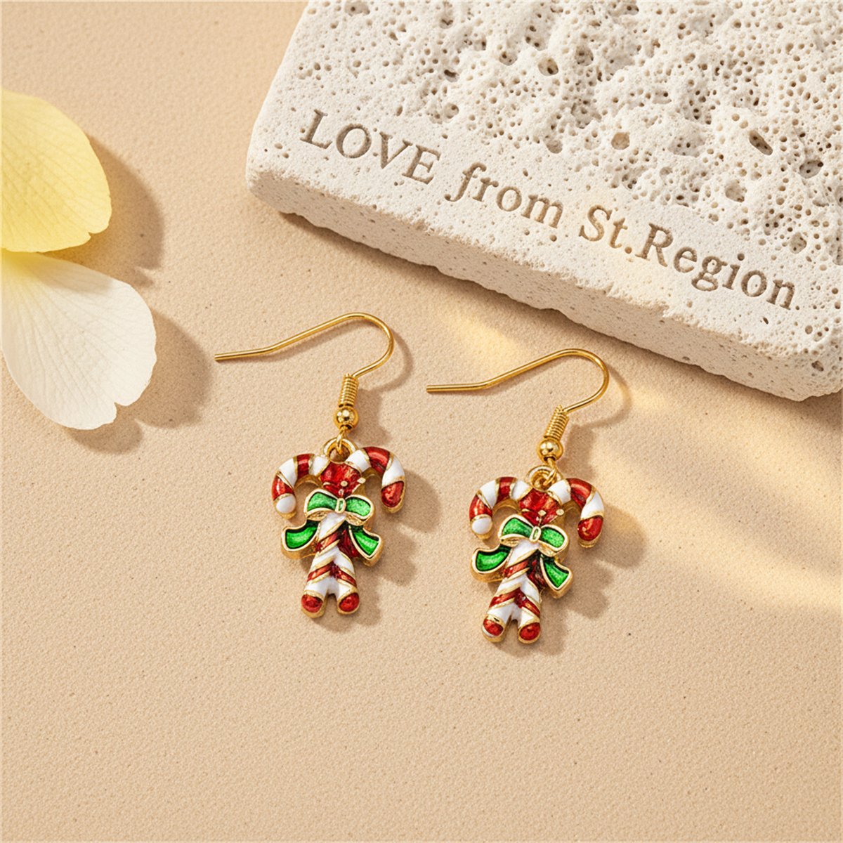 Red Enamel and 18K Gold-Plated Candy Cane Drop Earrings, gold drop earrings for women, lifestyle look