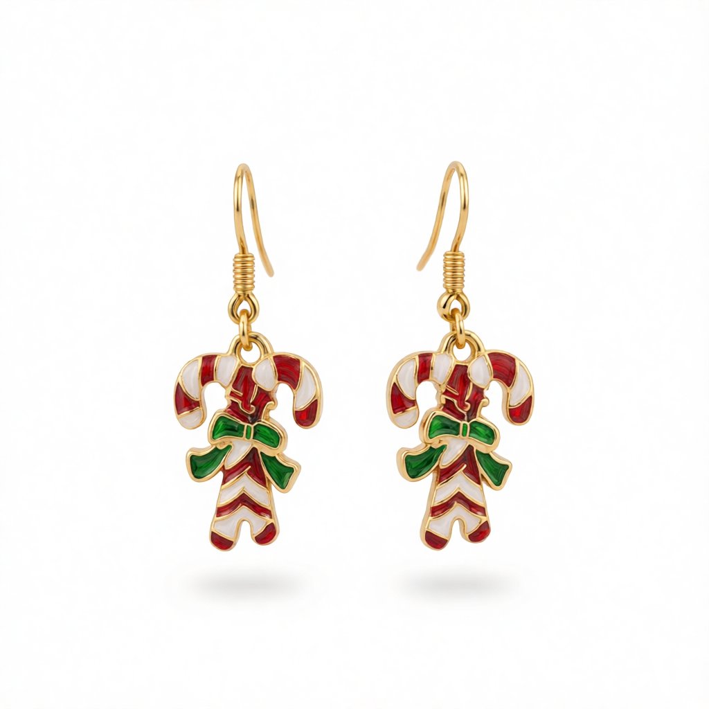 Red Enamel and 18K Gold-Plated Candy Cane Drop Earrings, gold drop earrings for women, vintage-inspired design, side view