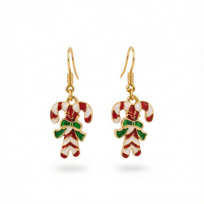Red Enamel and 18K Gold-Plated Candy Cane Drop Earrings, gold drop earrings for women, vintage-inspired design, side view