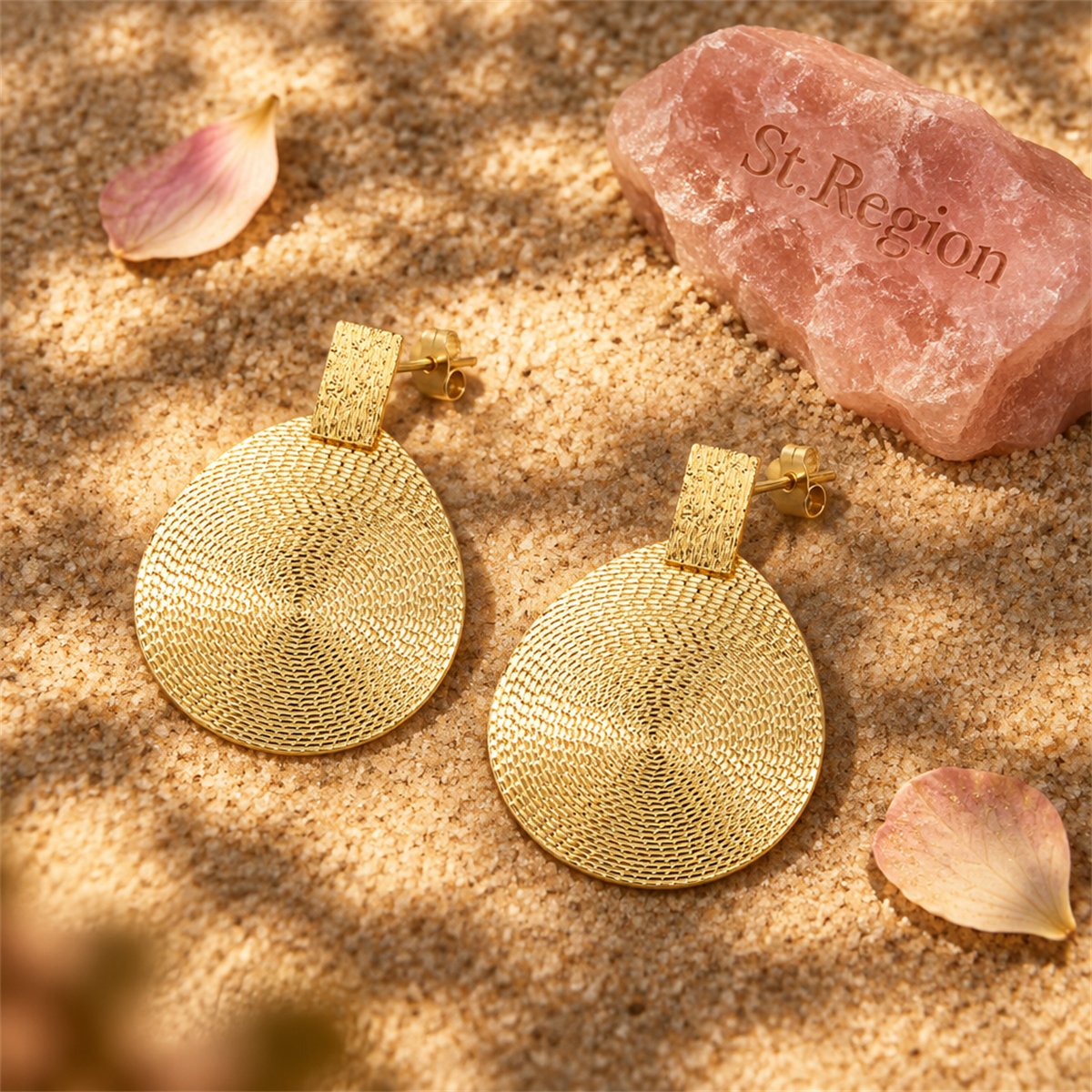18K Gold-Plated Textured Oval Drop Earrings, gold drop earrings for women, everyday style, detail close-up