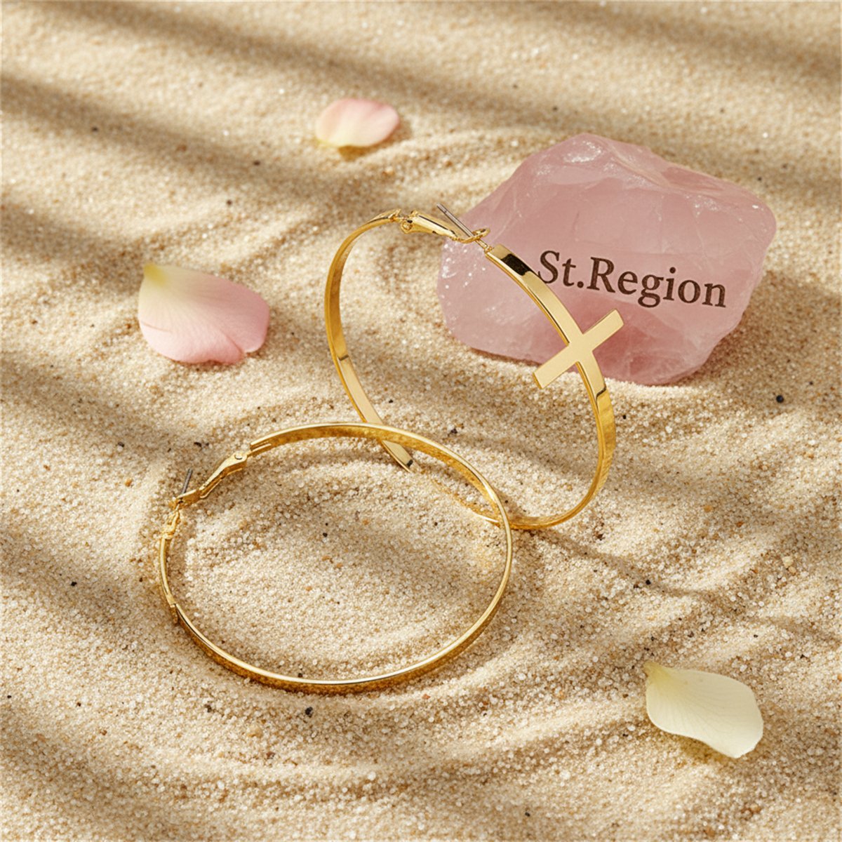 18K Gold-Plated Cross Hoop Earrings, gold hoop earrings for women, dainty minimalist design, detail close-up