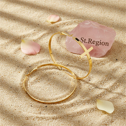 18K Gold-Plated Cross Hoop Earrings, gold hoop earrings for women, dainty minimalist design, detail close-up
