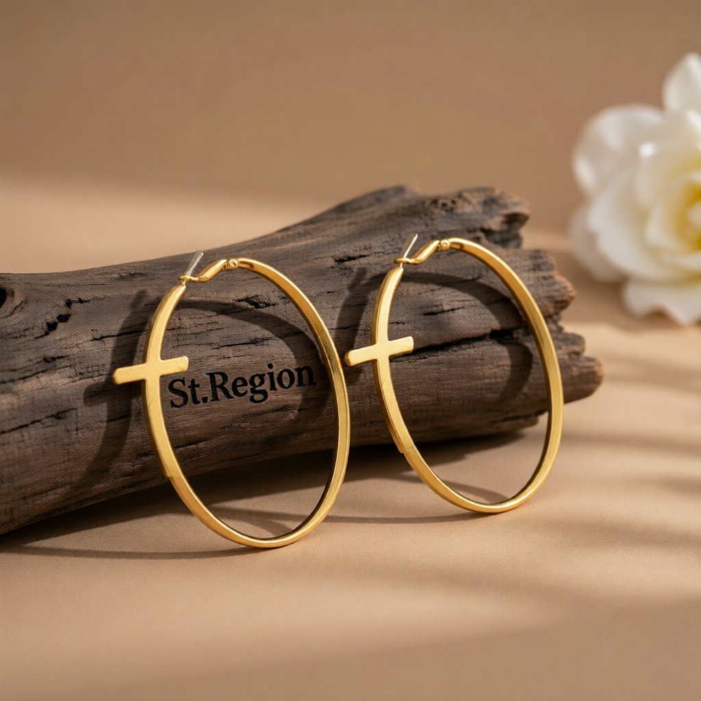 18K Gold-Plated Cross Hoop Earrings, gold hoop earrings for women, dainty minimalist design, front view