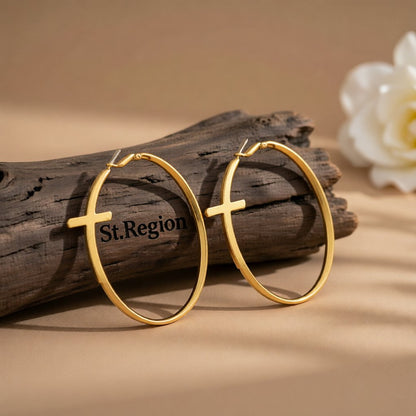 18K Gold-Plated Cross Hoop Earrings, gold hoop earrings for women, dainty minimalist design, front view