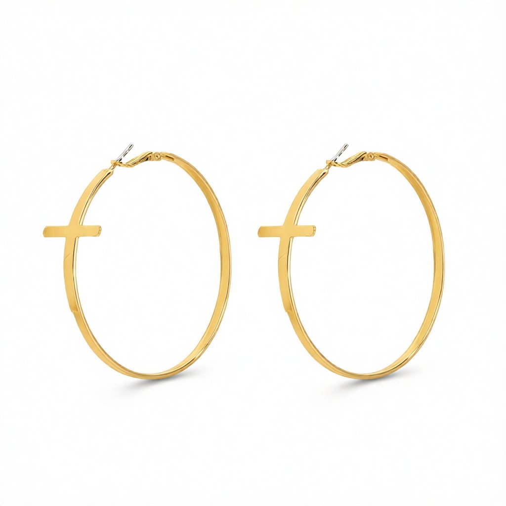 18K Gold-Plated Cross Hoop Earrings, gold hoop earrings for women, dainty minimalist design, side view