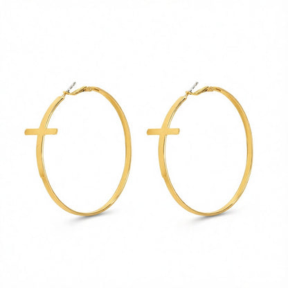 18K Gold-Plated Cross Hoop Earrings, gold hoop earrings for women, dainty minimalist design, side view