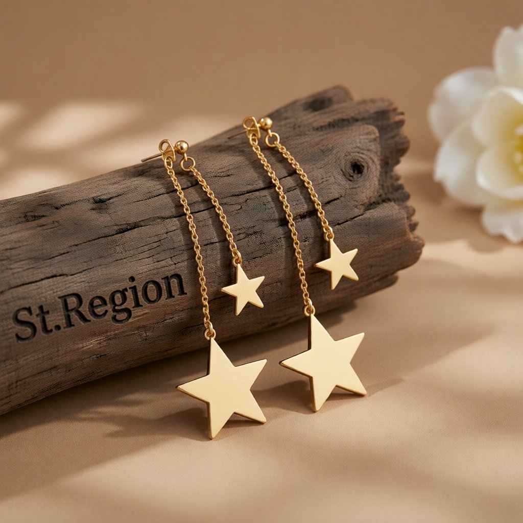18K Gold-Plated Star Drop Earrings, botanical inspired, front view