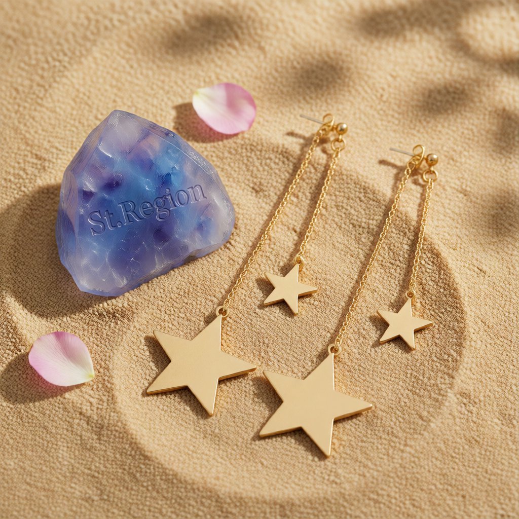 18K Gold-Plated Star Drop Earrings, botanical inspired, detail close-up