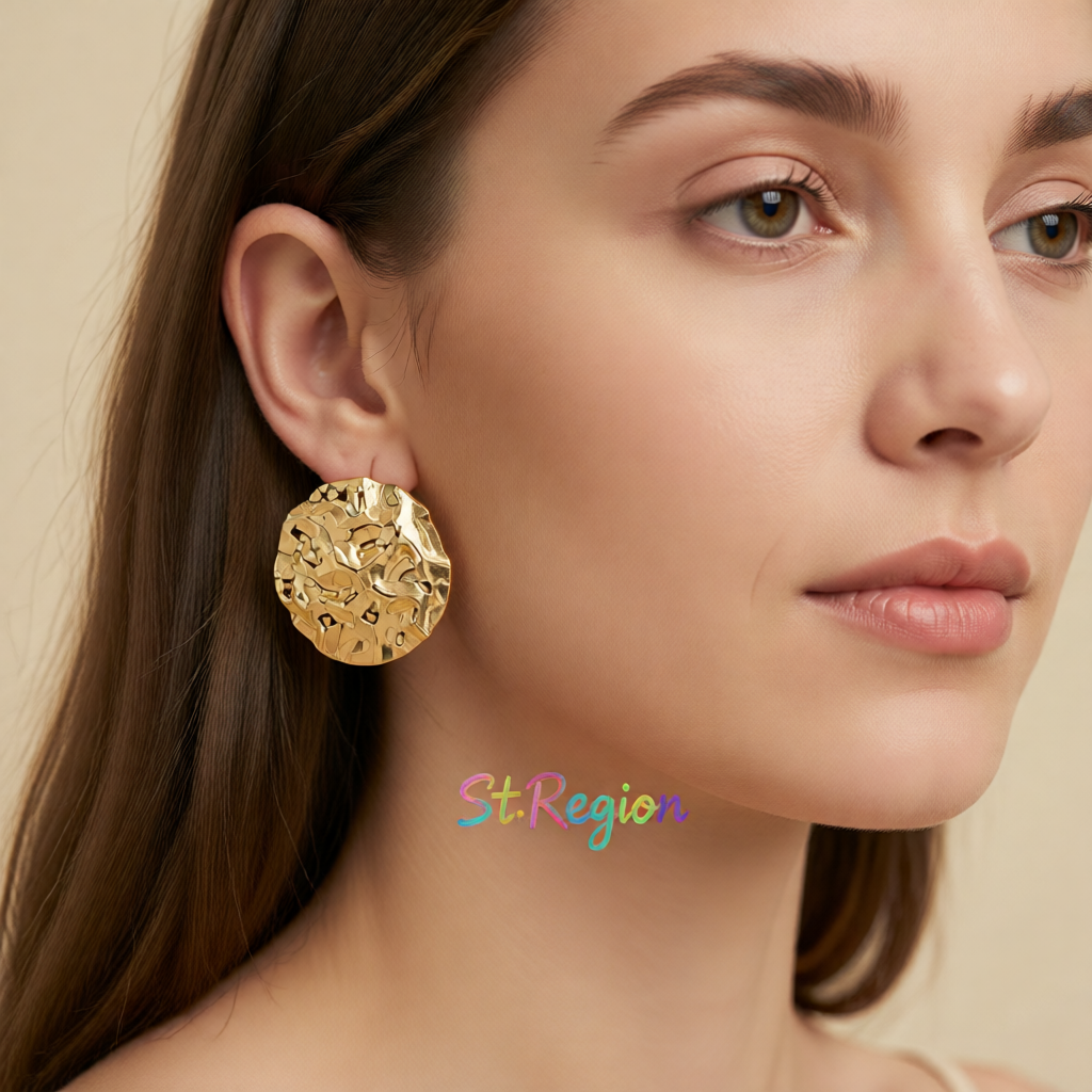 18K Gold-Plated Hamerred Round Stud Earrings