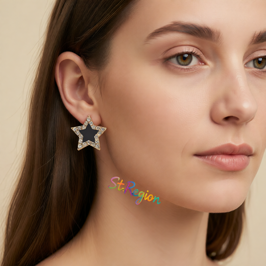 Cubic Zirconia & Black Acrylic 18K Gold-Plated Star Stud Earrings