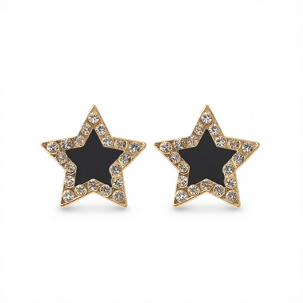 Cubic Zirconia & Black Acrylic 18K Gold-Plated Star Stud Earrings