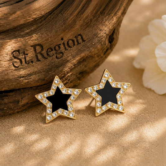 Cubic Zirconia & Black Acrylic 18K Gold-Plated Star Stud Earrings