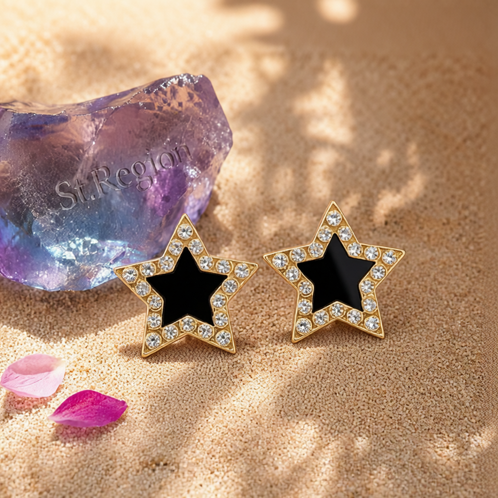 Cubic Zirconia & Black Acrylic 18K Gold-Plated Star Stud Earrings