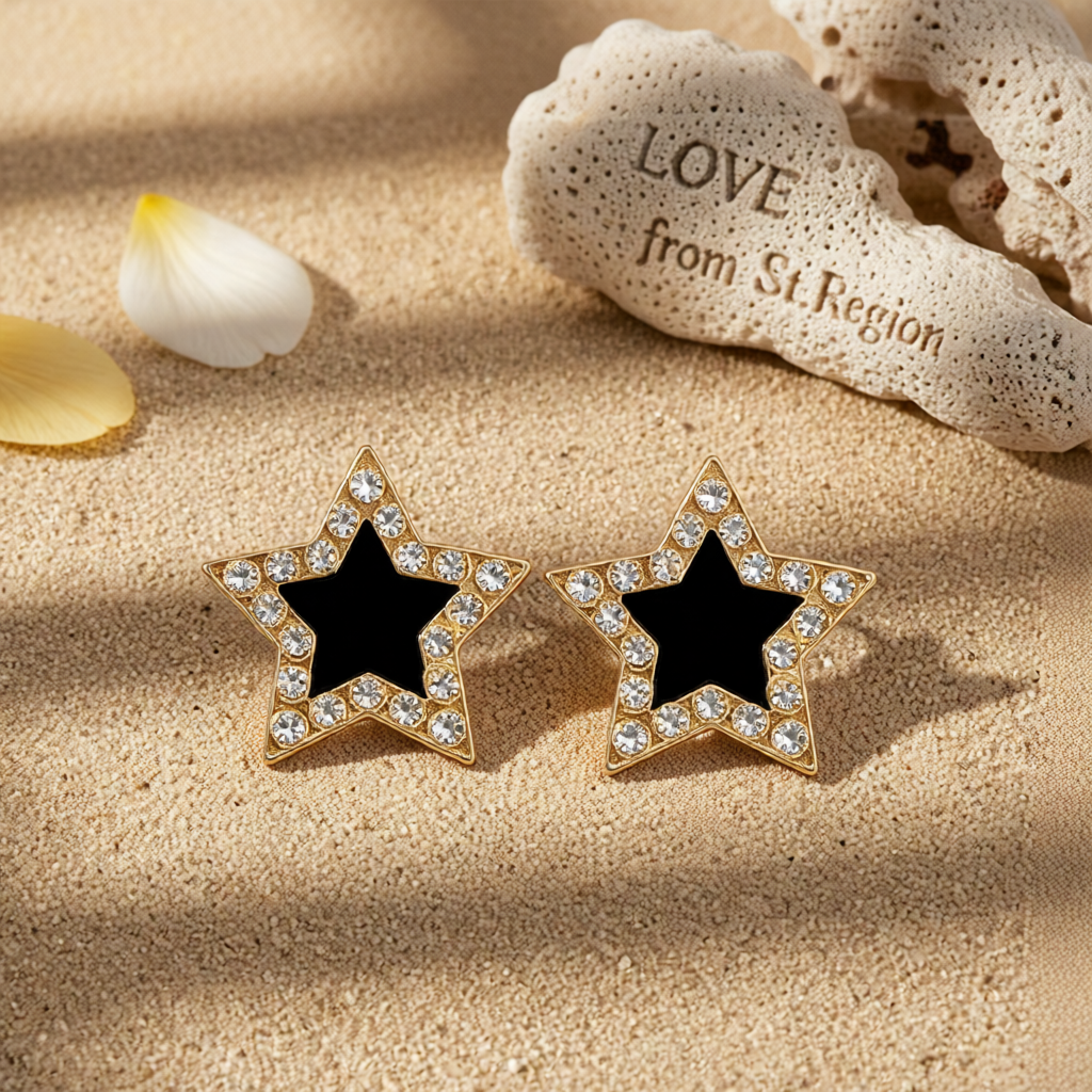 Cubic Zirconia & Black Acrylic 18K Gold-Plated Star Stud Earrings