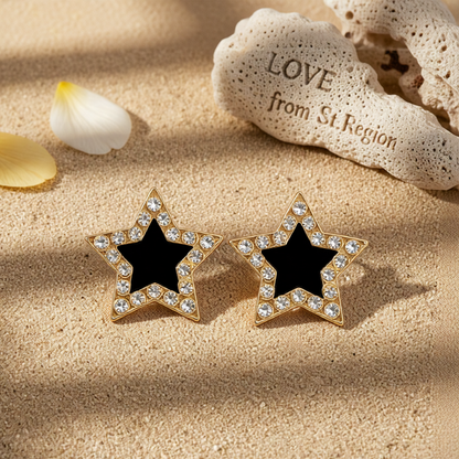 Cubic Zirconia & Black Acrylic 18K Gold-Plated Star Stud Earrings