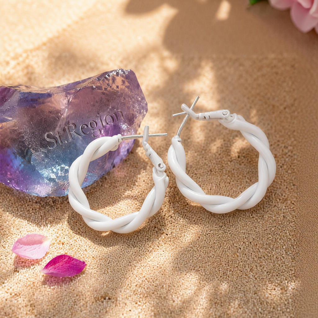 White Enamel Twine Hoop Earrings