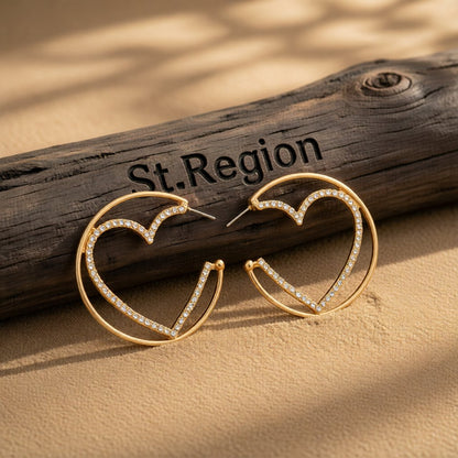 Cubic Zirconia and 18K Gold-Plated Heart Huggie Earrings, gold huggie earrings, elegant gift for her, front view