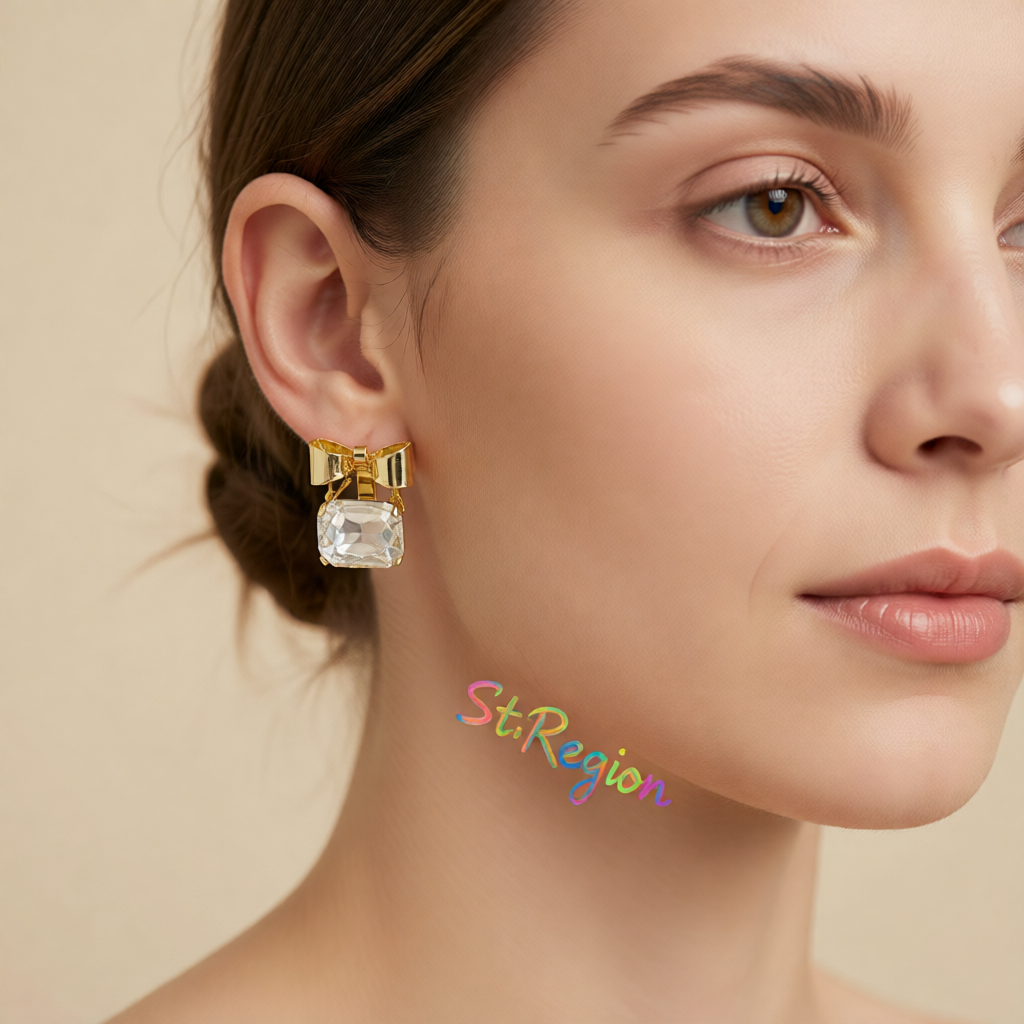 Crystal & 18K Gold-Plated Bow Square Stud Earrings