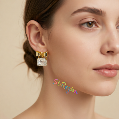 Crystal & 18K Gold-Plated Bow Square Stud Earrings