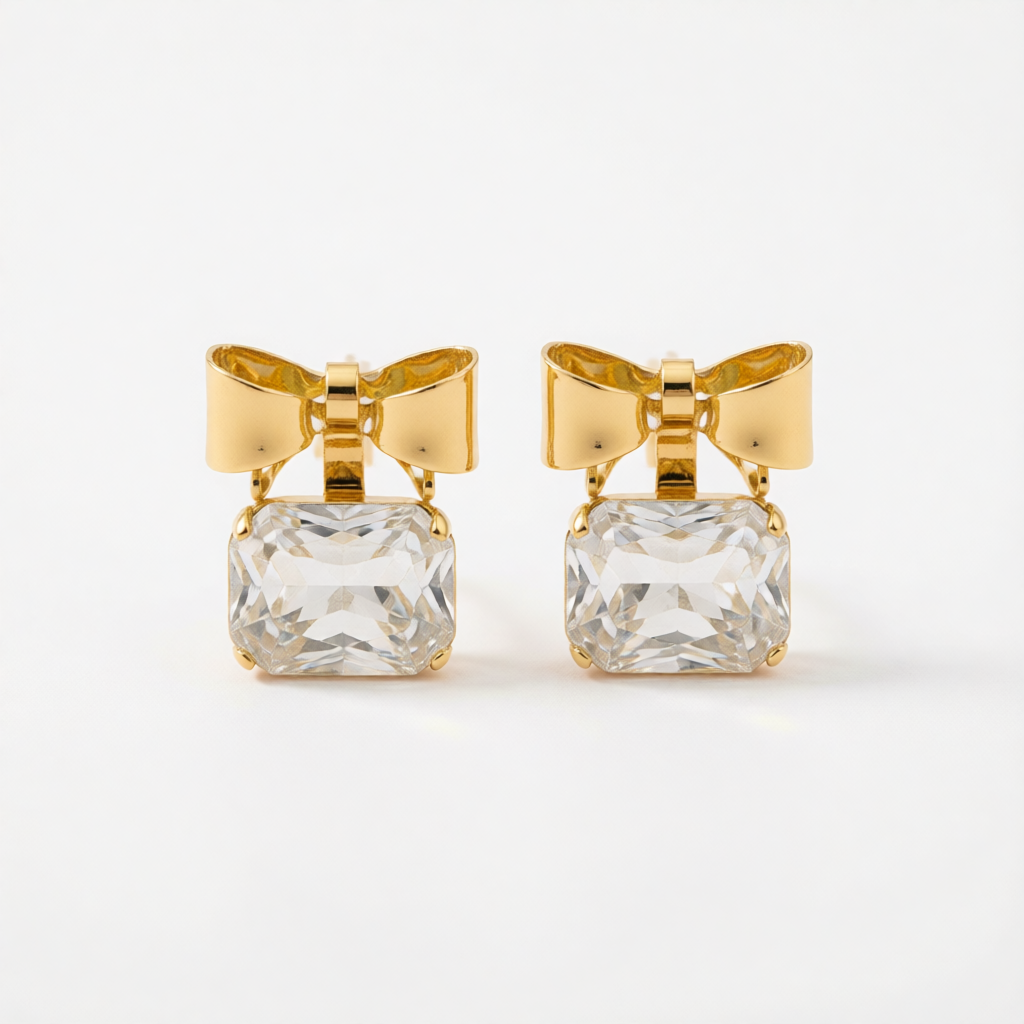 Crystal & 18K Gold-Plated Bow Square Stud Earrings
