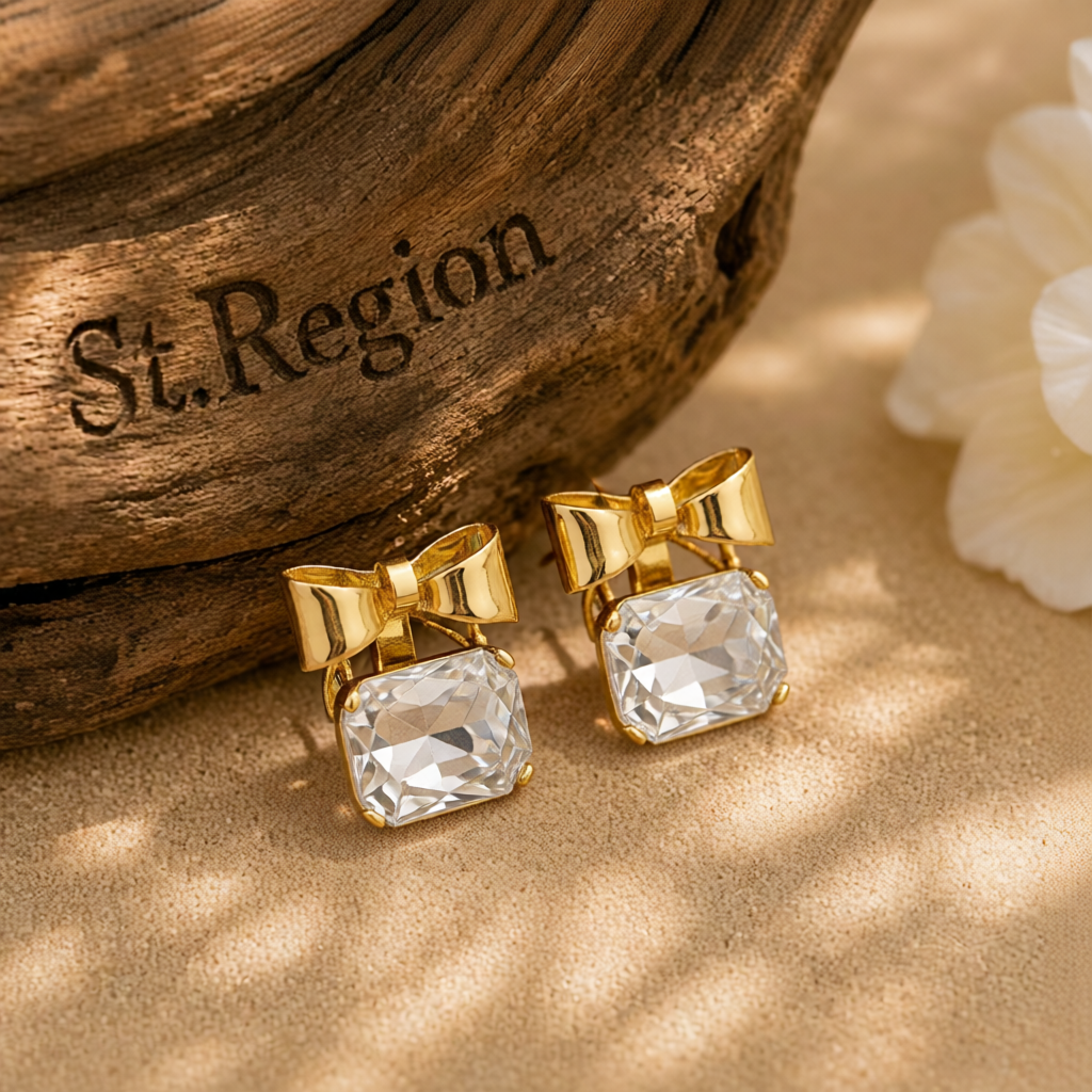 Crystal & 18K Gold-Plated Bow Square Stud Earrings