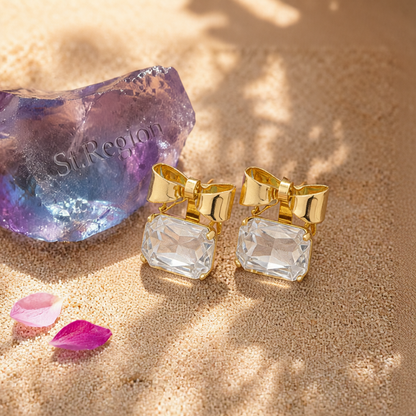 Crystal & 18K Gold-Plated Bow Square Stud Earrings
