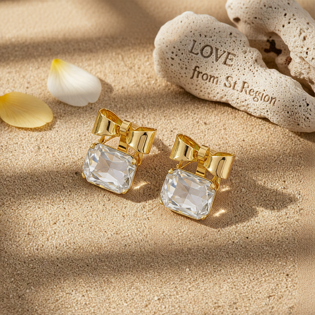 Crystal & 18K Gold-Plated Bow Square Stud Earrings