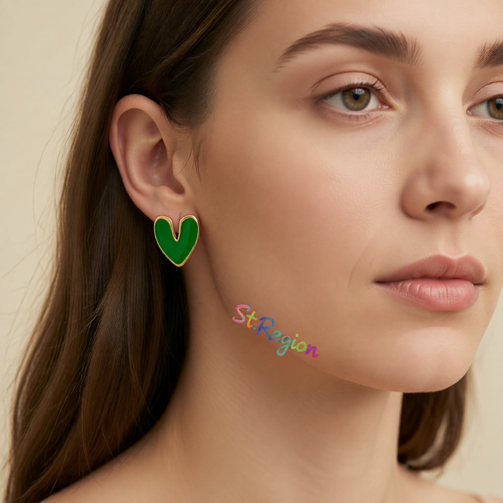 Green Enamel & 18K Gold-Plated Heart Stud Earrings