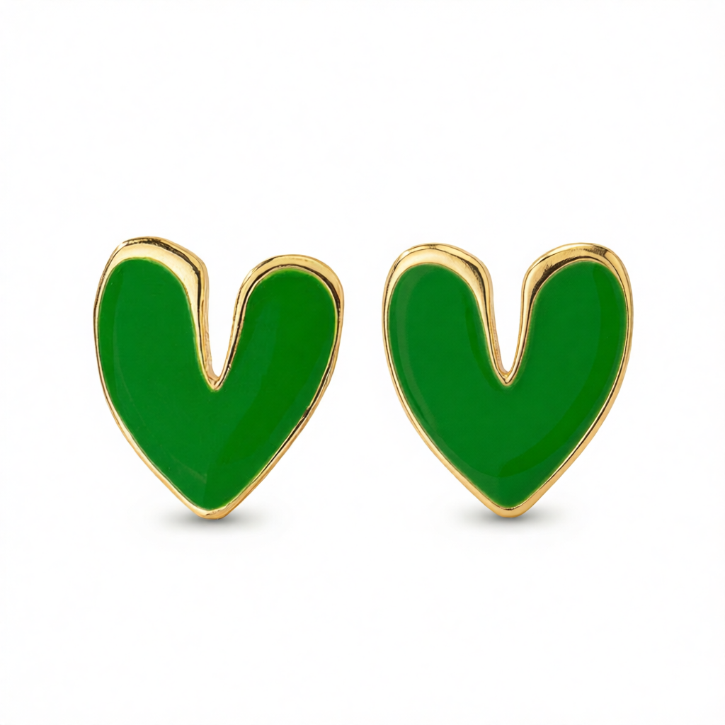 Green Enamel & 18K Gold-Plated Heart Stud Earrings