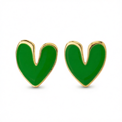 Green Enamel & 18K Gold-Plated Heart Stud Earrings