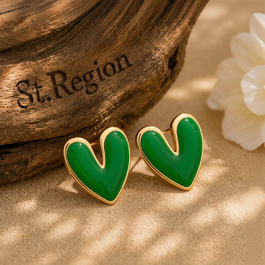 Green Enamel & 18K Gold-Plated Heart Stud Earrings