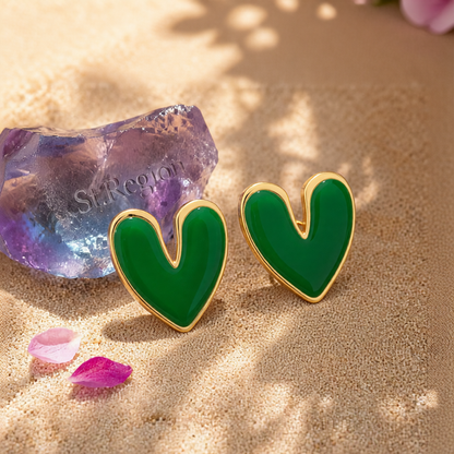 Green Enamel & 18K Gold-Plated Heart Stud Earrings