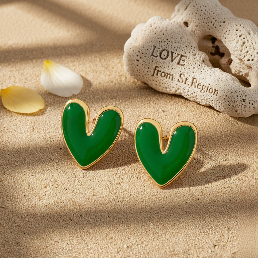 Green Enamel & 18K Gold-Plated Heart Stud Earrings