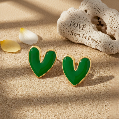 Green Enamel & 18K Gold-Plated Heart Stud Earrings