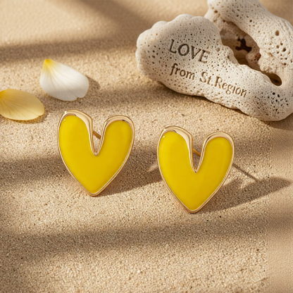 Yellow Enamel & 18K Gold-Plated Heart Stud Earrings