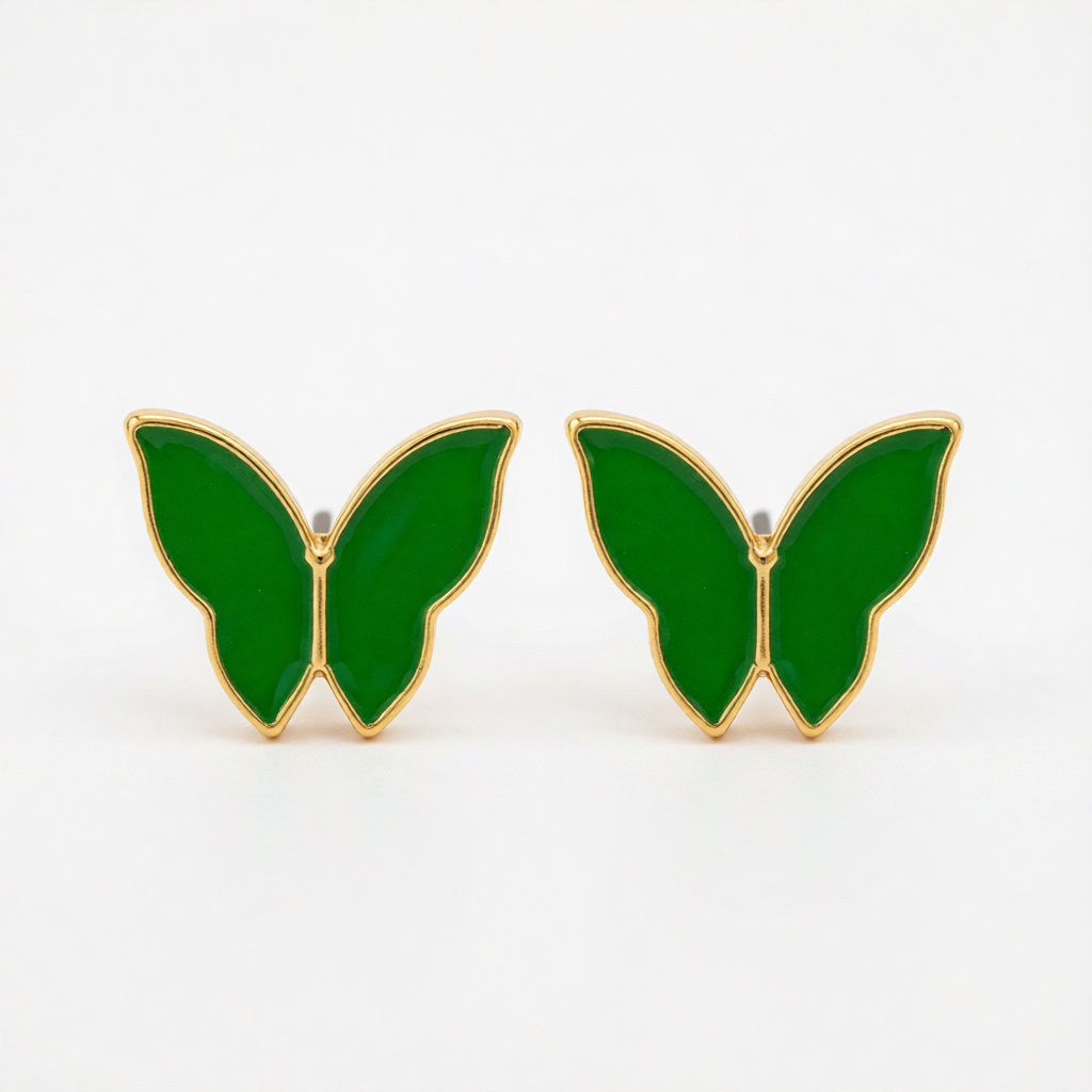 Green Enamel & 18K Gold-Plated Butterfly Stud Earrings