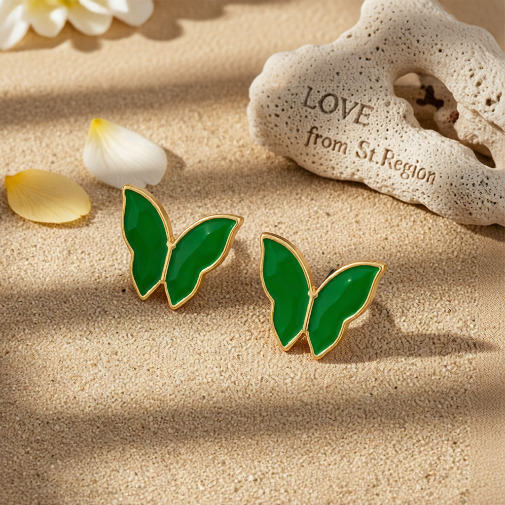 Green Enamel & 18K Gold-Plated Butterfly Stud Earrings
