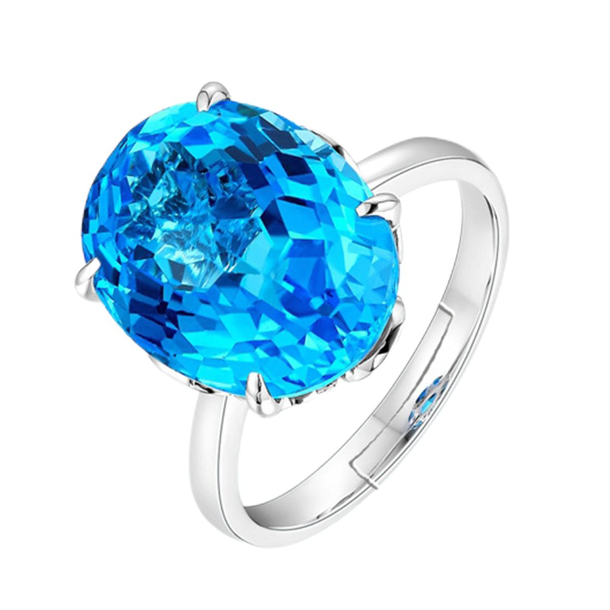 Sea Blue Crystal and Silver-Plated Adjustable Solitaire Ring, silver statement rings for women, front view