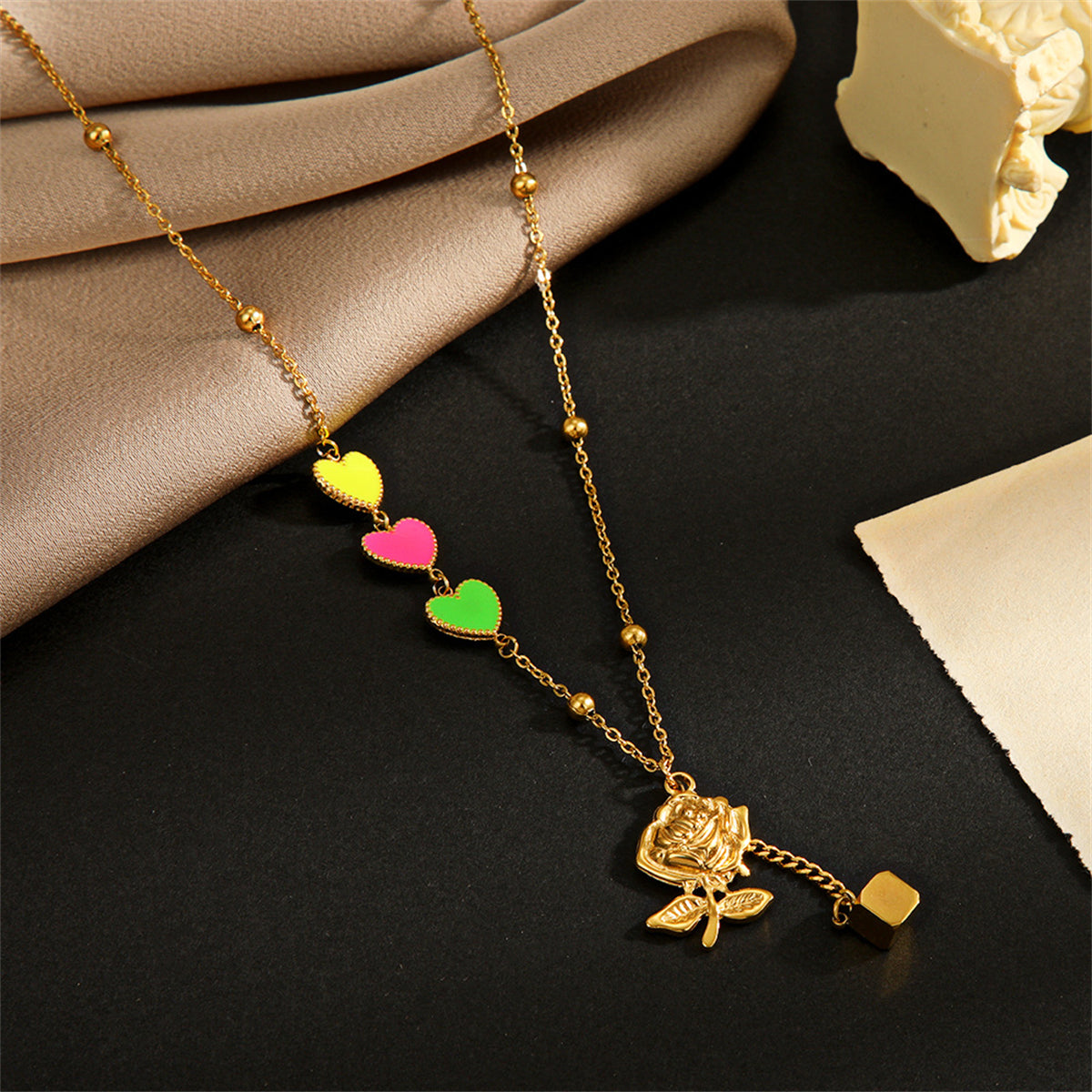 Pink Enamel and 18K Gold-Plated Heart Rose Pendant Necklace, gold pendant necklace for women, elegant gift for her, side view