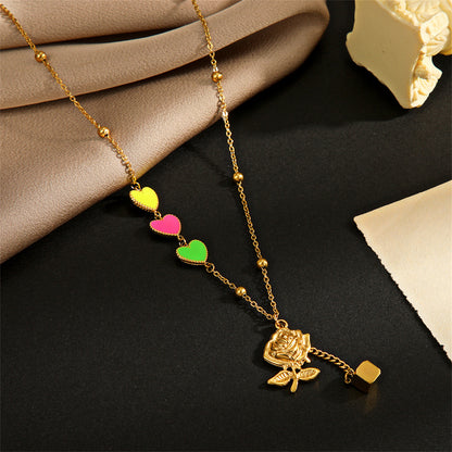 Pink Enamel and 18K Gold-Plated Heart Rose Pendant Necklace, gold pendant necklace for women, elegant gift for her, side view