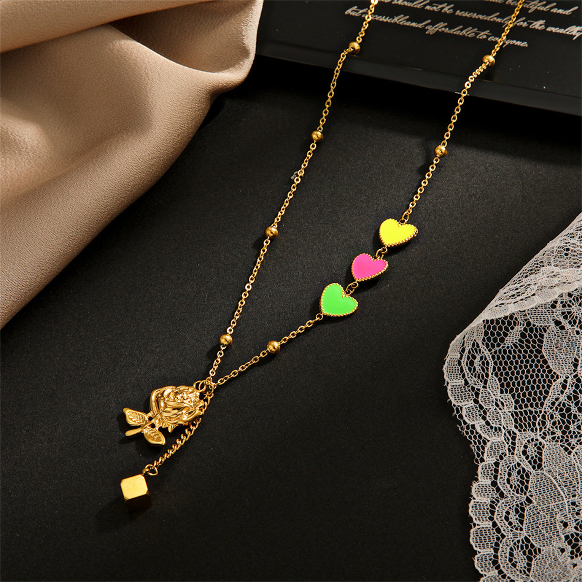 Pink Enamel and 18K Gold-Plated Heart Rose Pendant Necklace, gold pendant necklace for women, detail close-up