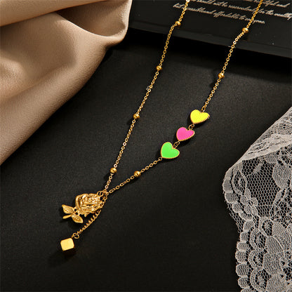 Pink Enamel and 18K Gold-Plated Heart Rose Pendant Necklace, gold pendant necklace for women, detail close-up