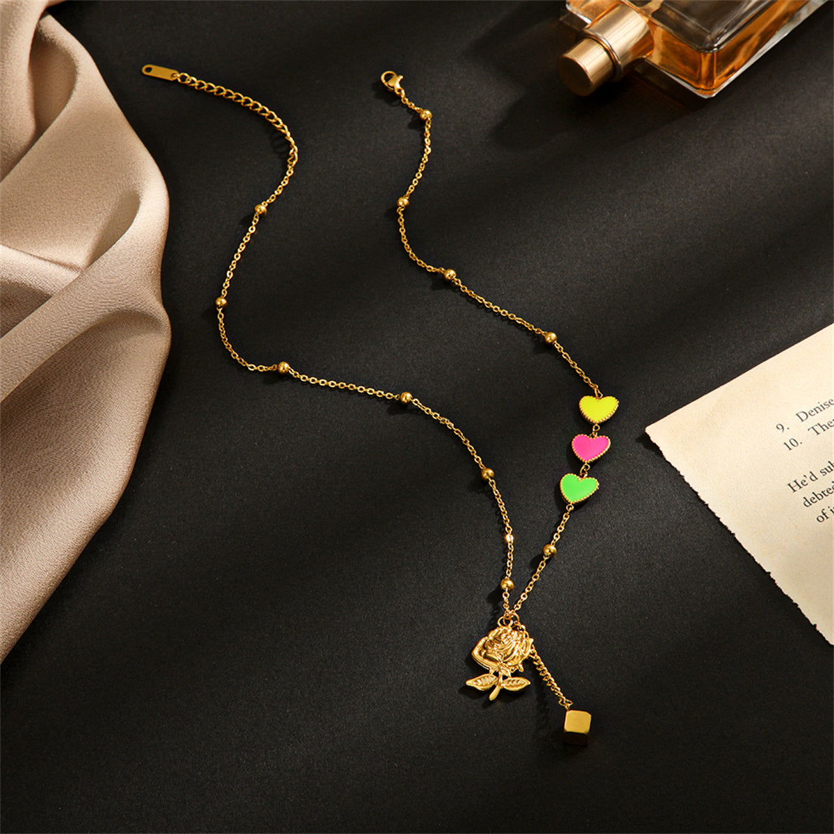 Pink Enamel and 18K Gold-Plated Heart Rose Pendant Necklace, gold pendant necklace for women, lifestyle look