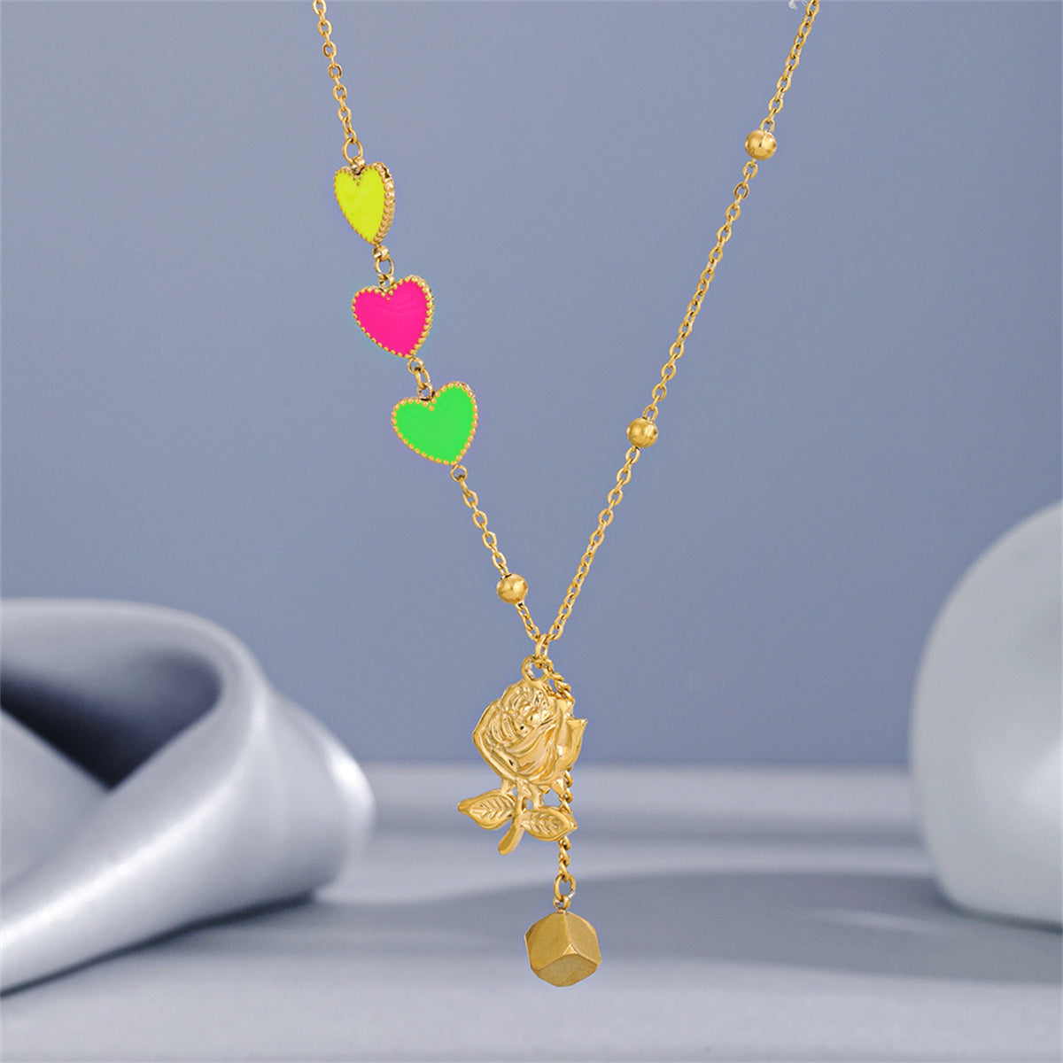 Pink Enamel & 18K Gold-Plated Heart Rose Pendant Necklace