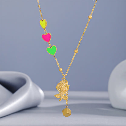 Pink Enamel and 18K Gold-Plated Heart Rose Pendant Necklace, gold pendant necklace for women, styled look