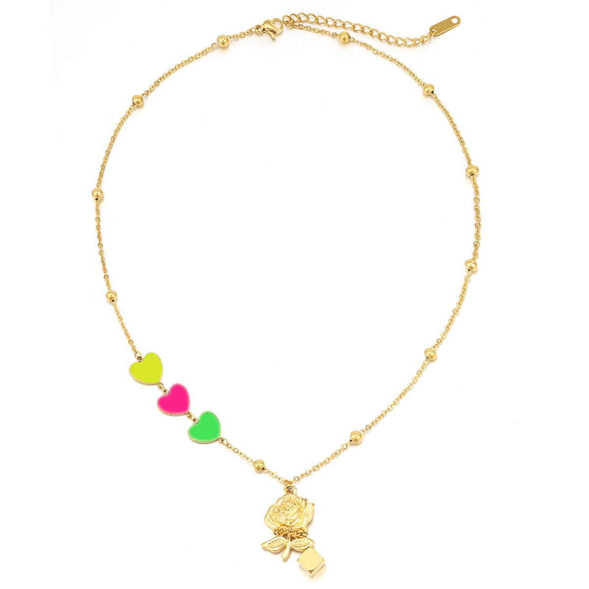 Pink Enamel and 18K Gold-Plated Heart Rose Pendant Necklace, gold pendant necklace for women, front view